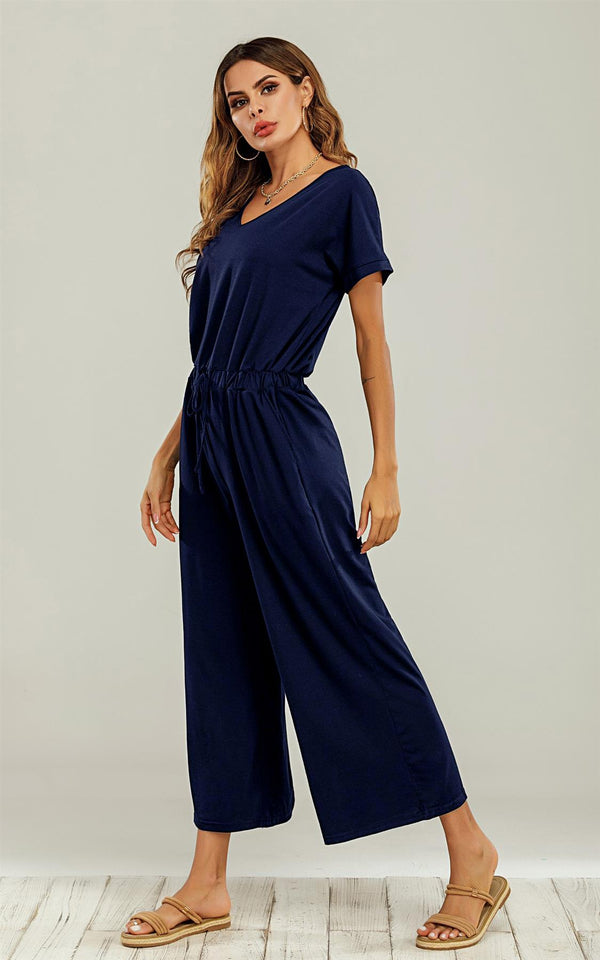 Navy Loose Jumpsuit With Short Sleeve