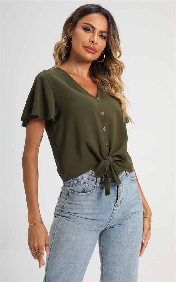 Cute Tie Knot Front Buttoned Crop T Shirt Top In Olive Green