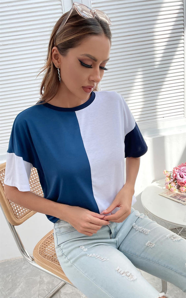 Relaxed Striped & White Colour Block Simple Style T Shirt Top In Navy