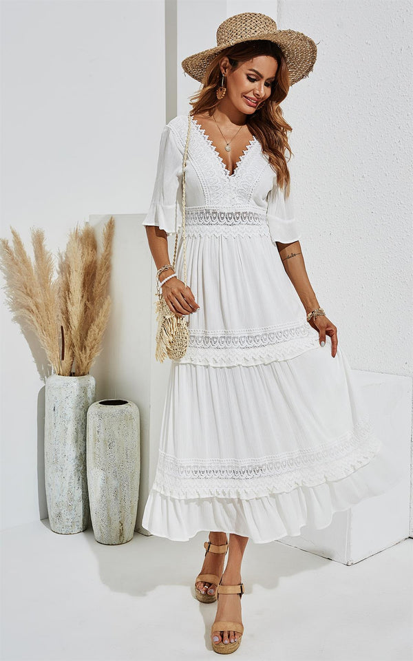 Double Sided V Neck White Lace Dress In Ivory White