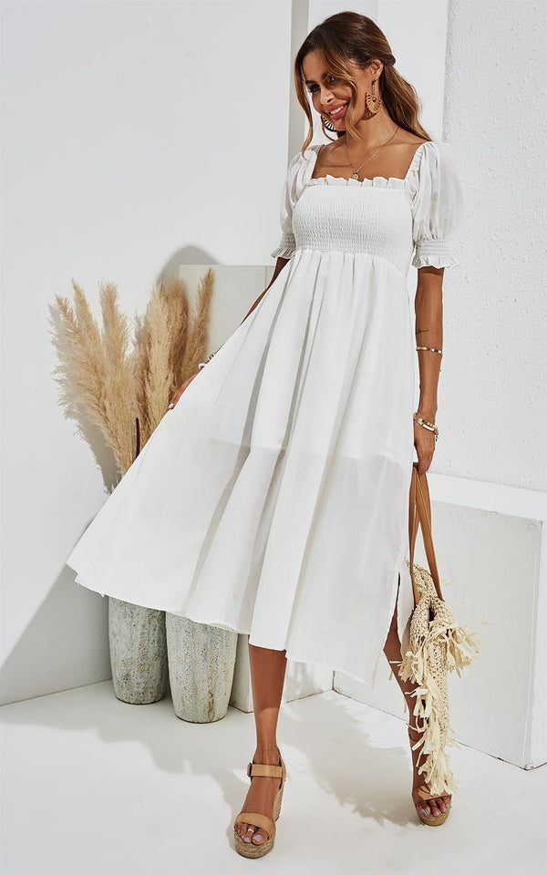 Puff Frill Sleeve Elasticated Detail Midi Dress In White