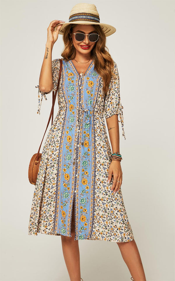 Relaxed Blue Block Color Floral Printed Skater Midi Dress In Beige