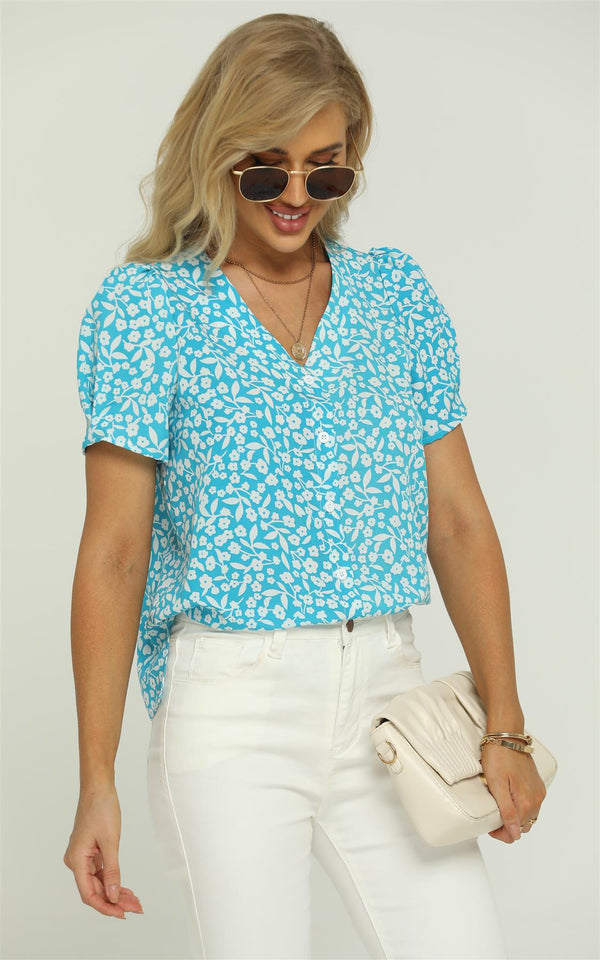 Short Sleeve Buttoned Blouse Top In Blue & White Flora Print