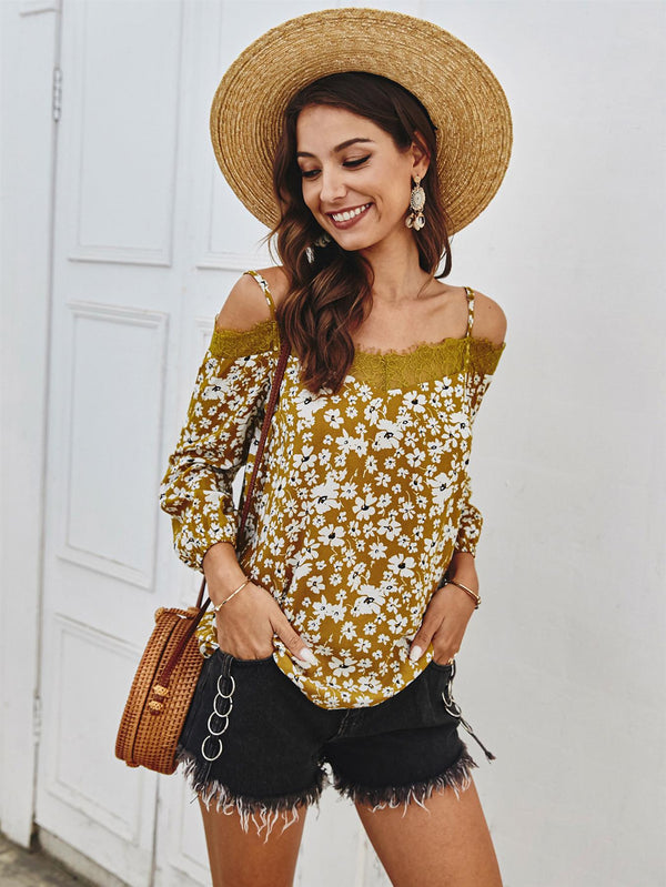 Lace Trim Off The Shoulder Top In Mustard Daisy Floral Print