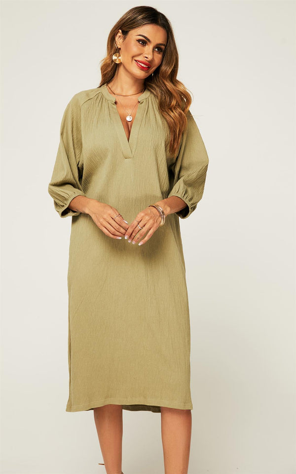 Smock Dress With Long Sleeves In Khaki Green