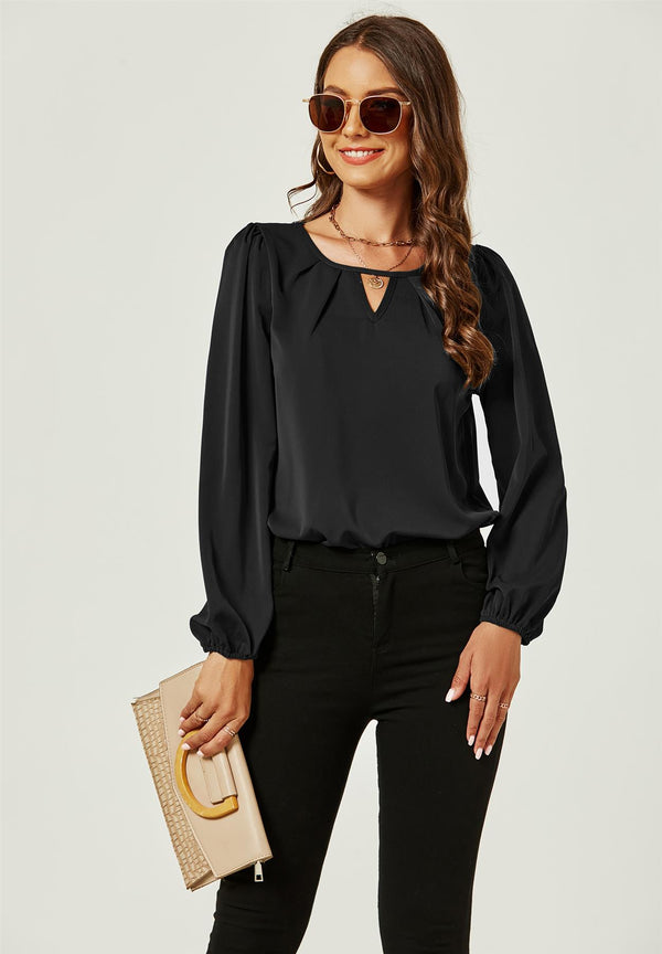 Long Sleeve Detailed Neckline Blouse Top In Black