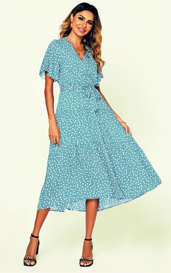 Polka Dot Hem Tiered Wrap Dress In Blue