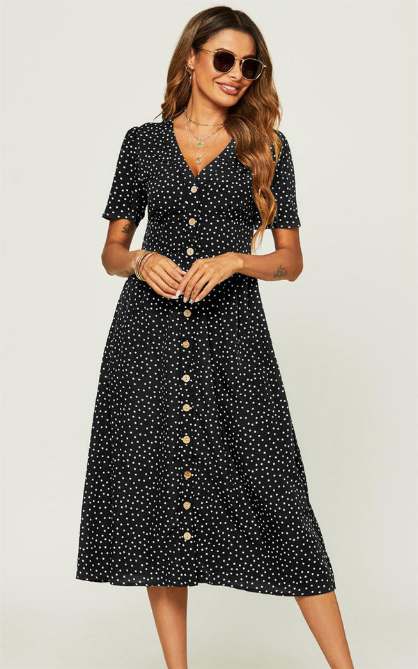 Button Up Polka Dot Print Midi Dress In Black