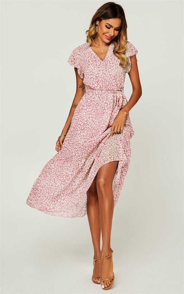 Ruffled Angel Sleeve Wrap Dress In Pink Leopard Print