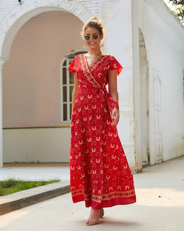 Bohemian Style Wrap Maxi Dress In Red & Gold Floral Print