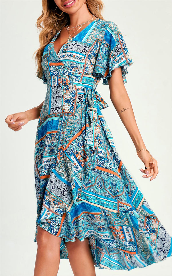 Paisley Print Hem Wrap Midi Dress In Blue