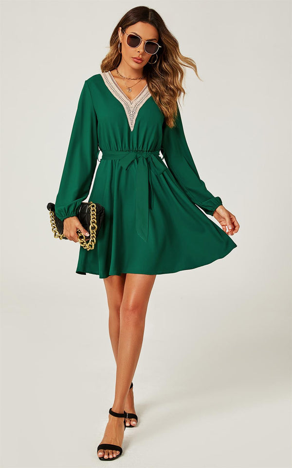 Lace Trim V Neck Mini Dress In Green