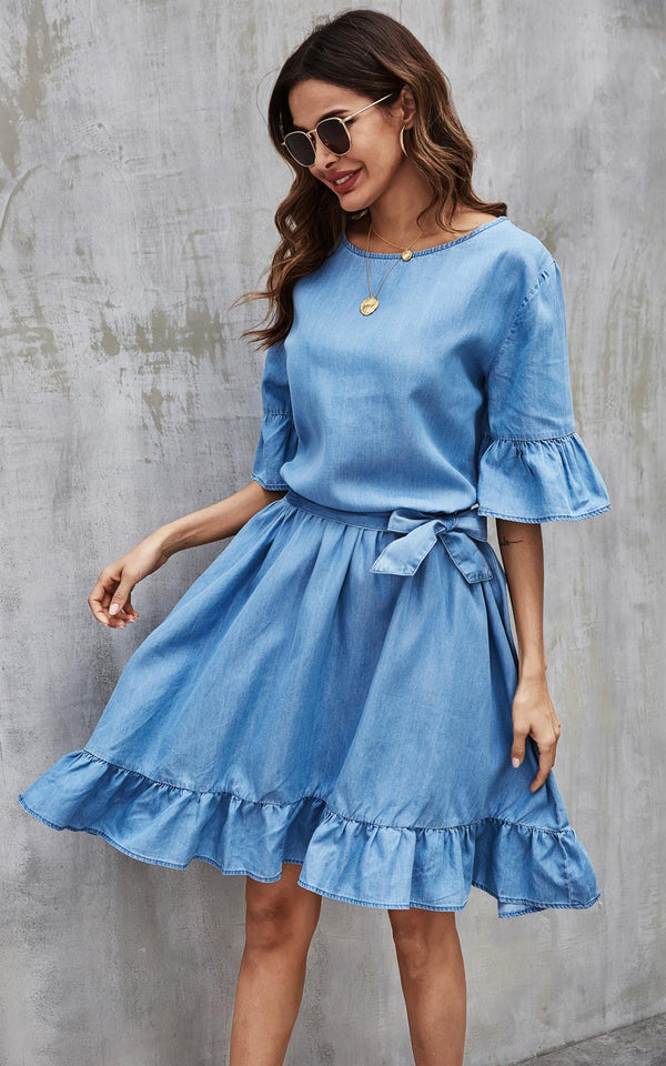 Ruffled Sleeve Denim Dress In Blue