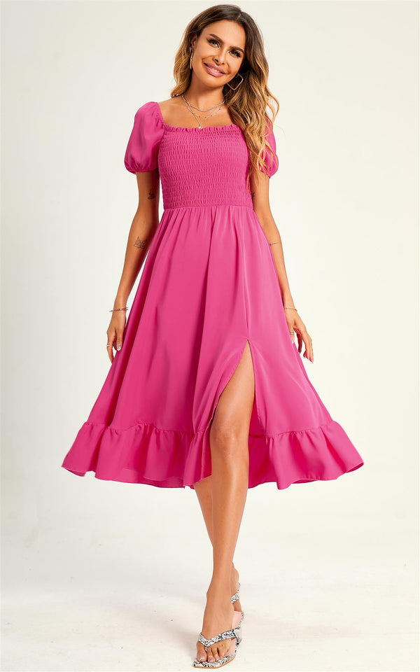 Bardot Puff Sleeve Elasticated Detail Midi Dress In Fuchsia Pink