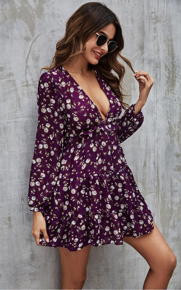 Long Sleeve Mini Dress In Purple Floral Print