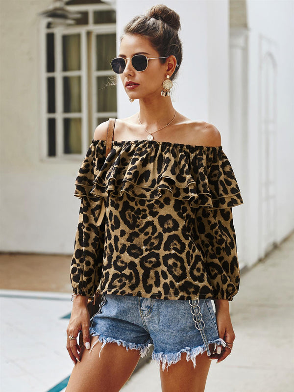 Off The Shoulder Frill Top In Brown Leopard Print