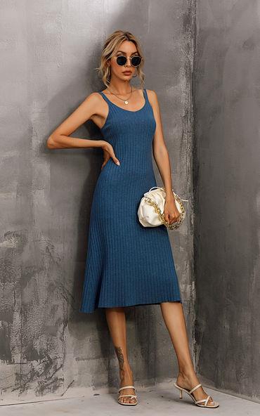 Wool Blanket Ribbed Knit Bodycon Dress In Grey Blue With Back Split