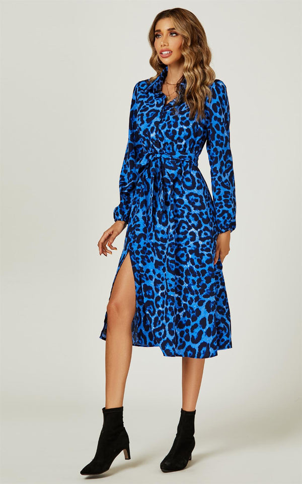 Leopard Print Split Leg Midi Shirt Dress In Royal Blue