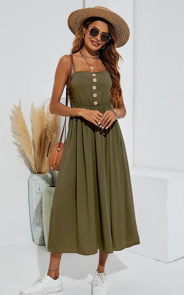 Midikleid mit Knopfleiste und Riemchen in Olivgrün