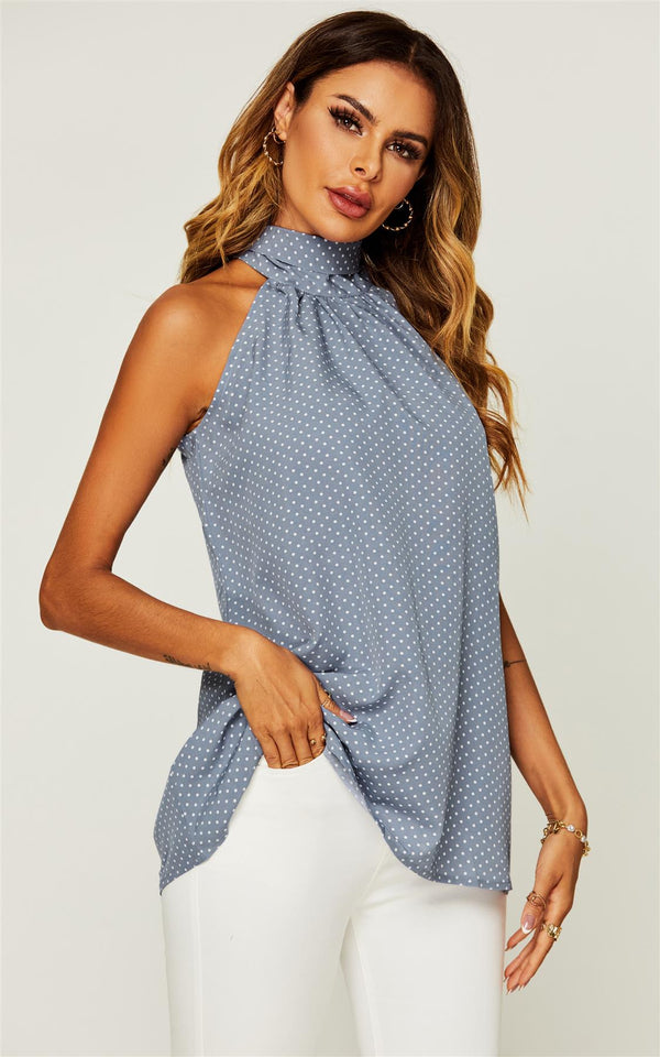 White Polka Dot Print Halter Neck Tie Back Top In Grey Blue