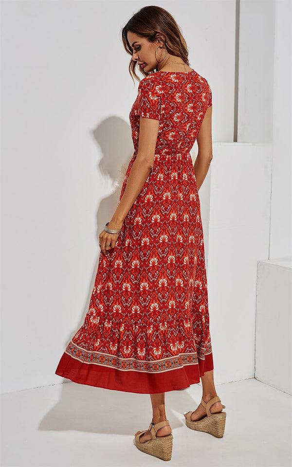 Golden Floral Printed Tiered Midi Dress In Red