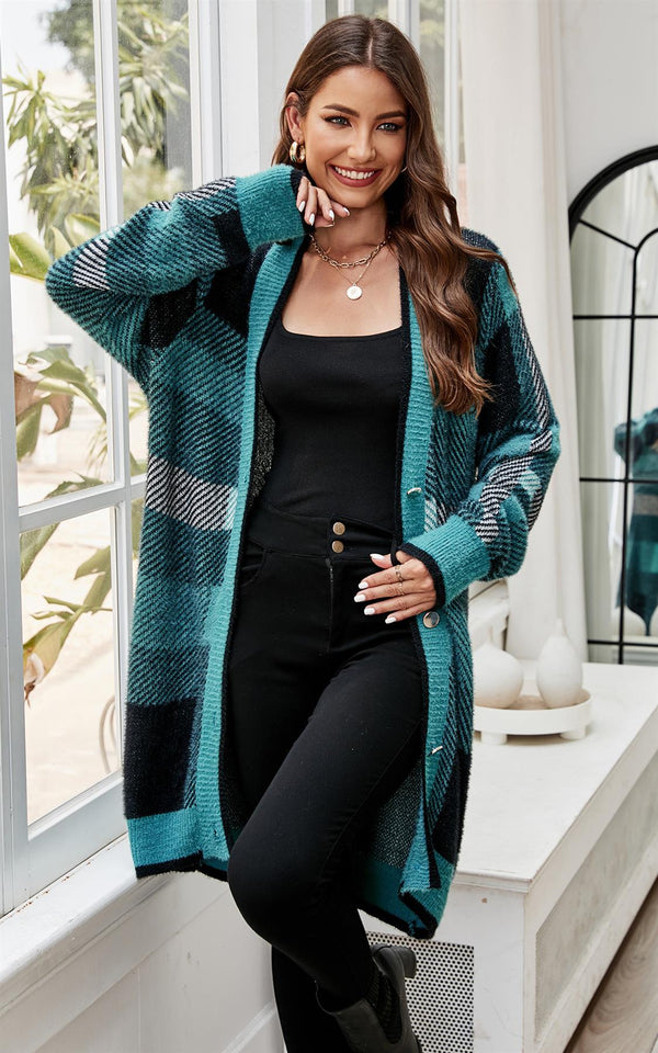 Relaxed Check Cozy Soft Cardigan In Petrol Blue