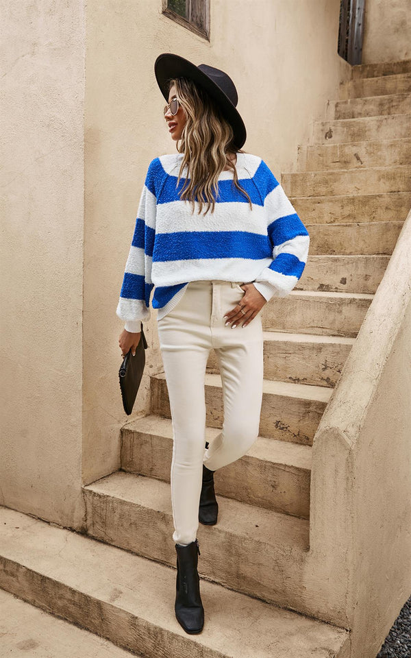 Blue Stripe Relaxed Knit Jumper Top In White