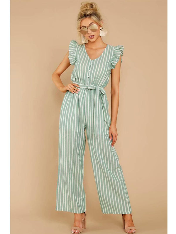Mint Green Stripe Sleeveless Jumpsuit With V Neckline