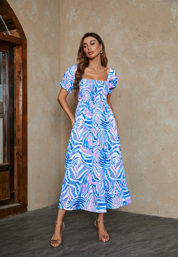 Animal Print Off  Shoulder Maxi Dress In Blue