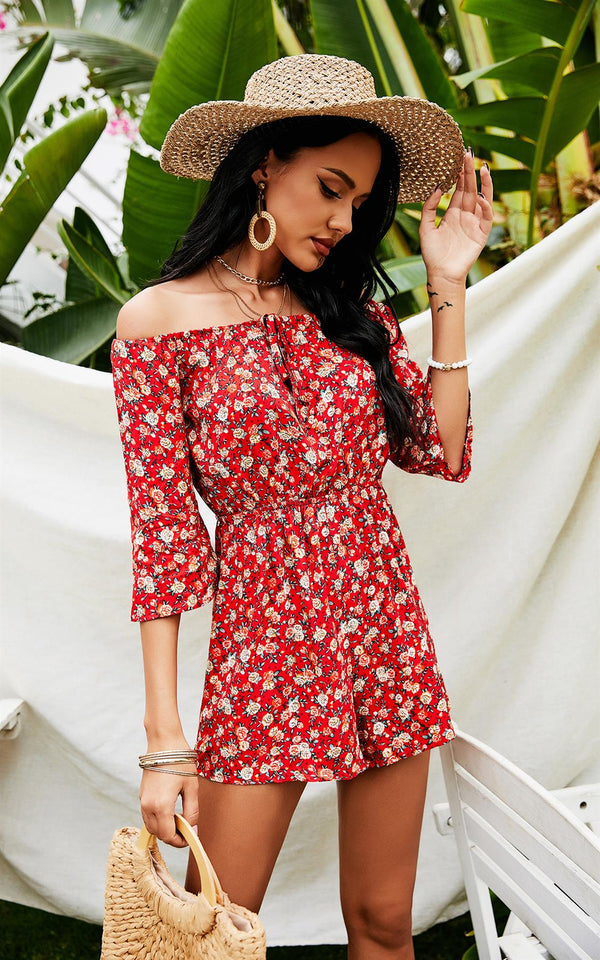 Pretty Floral Print Off Shoulder Playsuit In Red
