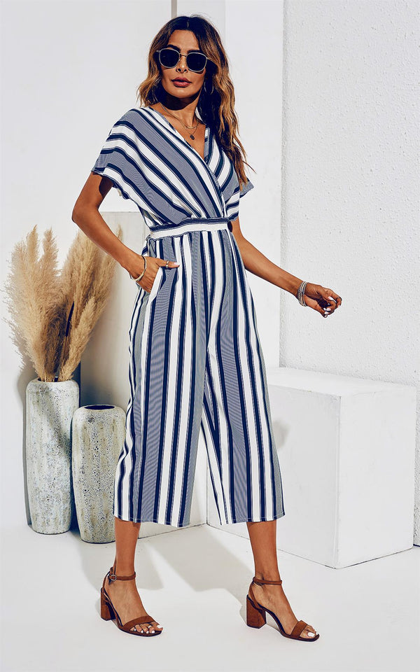 Kimono Sleeve White Stripe Jumpsuit In Navy