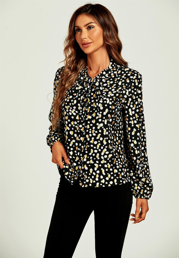 Gold Foil Leopard Print Pussybow Blouse/Top In Black