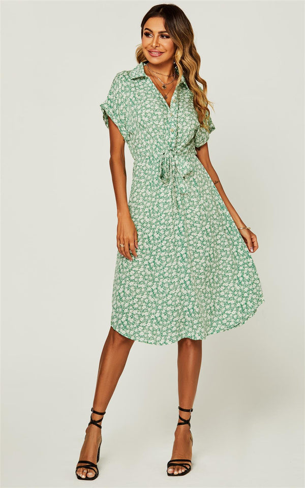 Relaxed Floral Print Button Down Midi Shirt Dress In Green