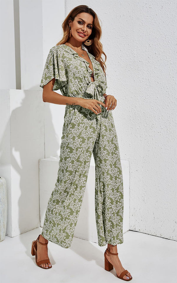 Ruffled Sleeve Jumpsuit In Olive Green & White Floral