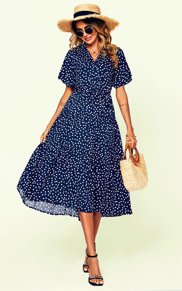 Polka Dot Hem Tiered Wrap Midi Dress In Navy