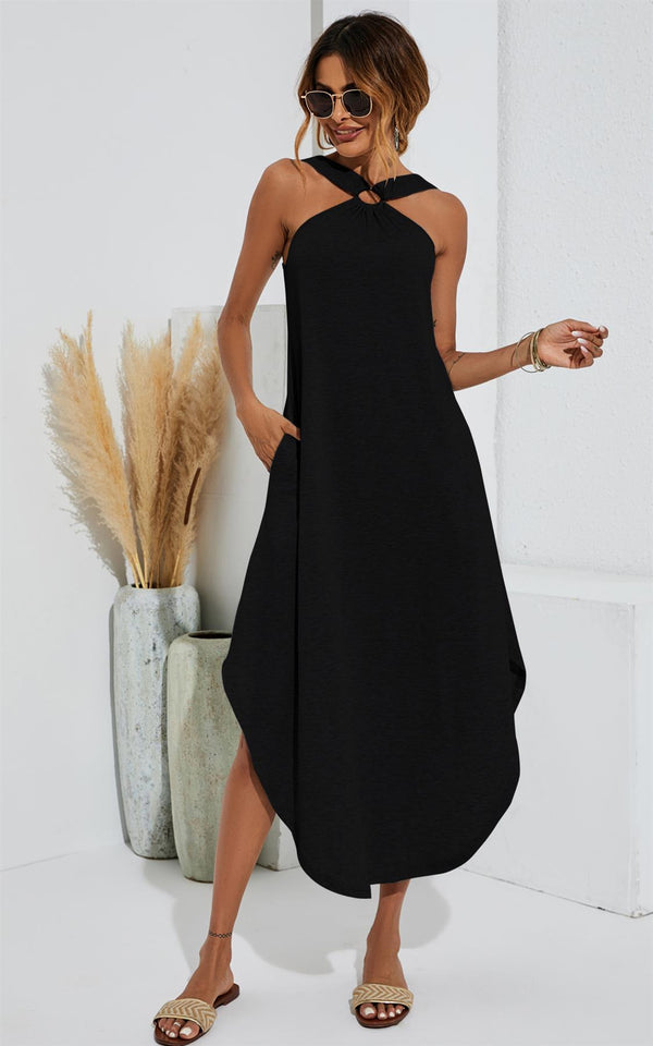 Leg Slip Halter Neck Curve Hem Midi Dress In Black