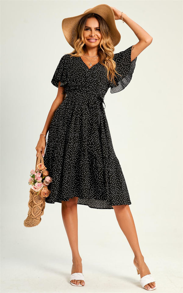 Polka Dot Hem Tiered Wrap Midi Dress In Black