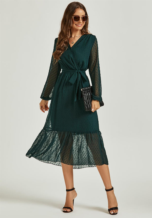 Long Sleeve Wrap Style Tulle Hem Midi Dress In Dark Green