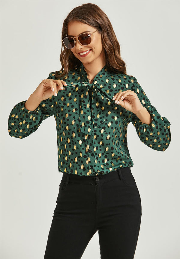 Gold Foil Leopard Print Pussybow Blouse/Top In Green