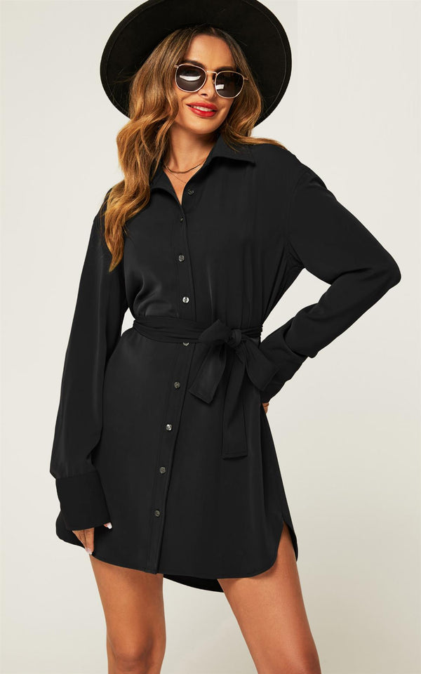 Oversized Rounded Side Split Mini Shirt Dress In Black