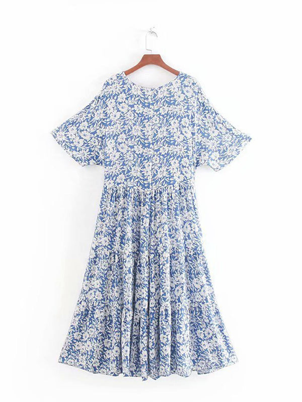 Midi Dress In Blue Floral Print