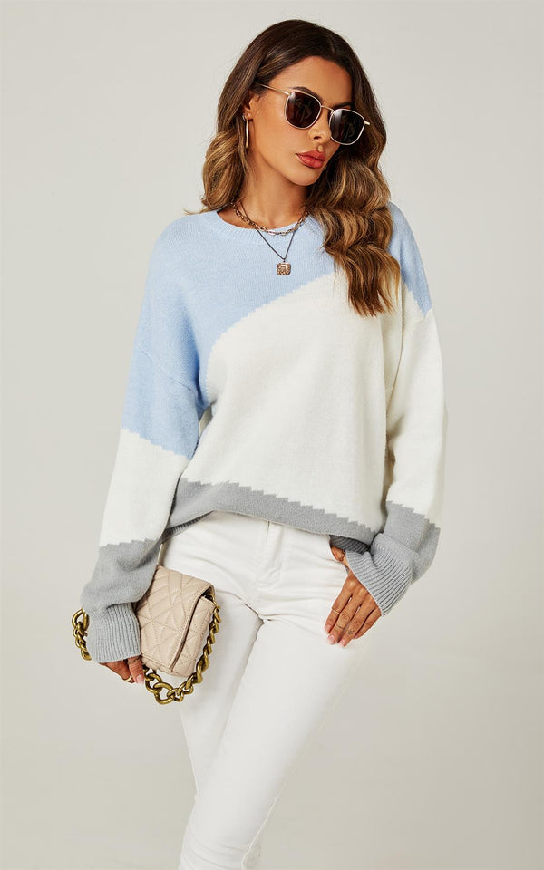 Relaxed Grey & White Block Colour Jumper Top In Blue