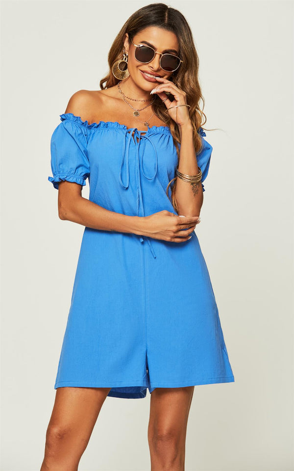 Bardot-Playsuit mit Rüschendetail in Blau