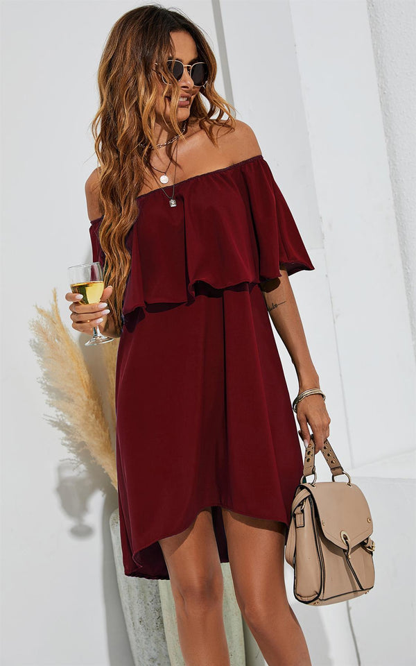 Bardot Frill Off Shoulder Mini Dress In Wine Red