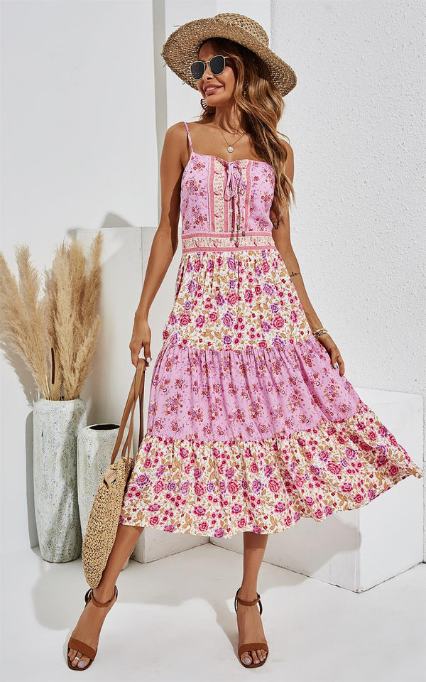 Pink & Purple Floral Button Front Strappy Midi Dress In Pink & Cream