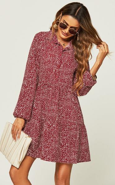 Button Front Long Sleeved Tiered Dress In Dark Red