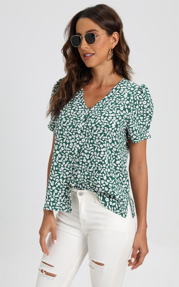 Short Sleeve Buttoned Blouse Top In Green & White Flora  Print