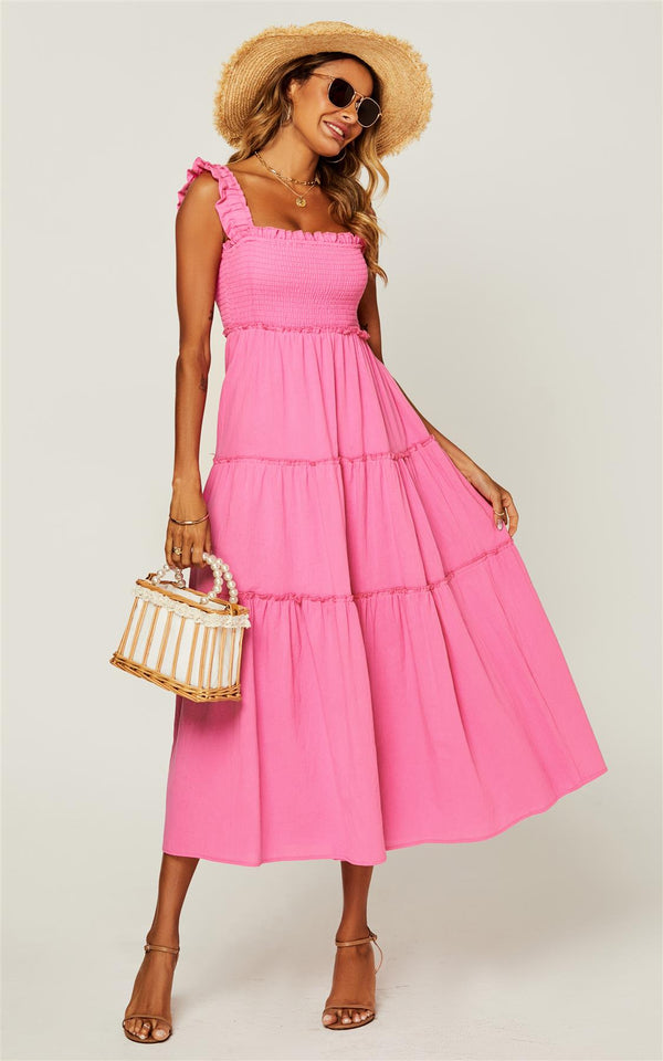 Hem Detail Tiered Maxi Dress In Fuchsia Pink