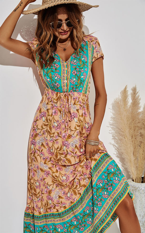 Golden Leaf & Pink Floral Printed Tiered Midi Dress In Turquoise Green & Peach