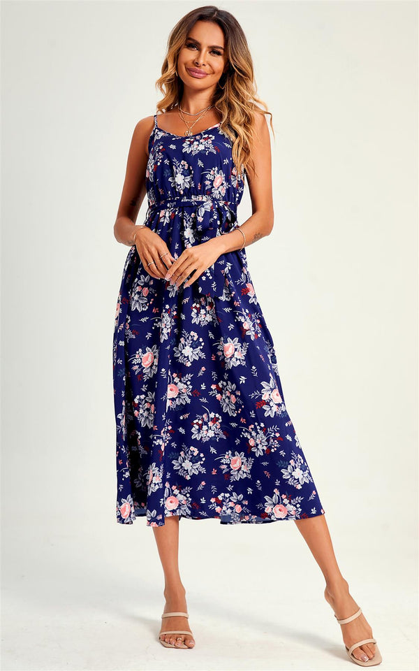 Flora Print Strap Midi Dress In Blue